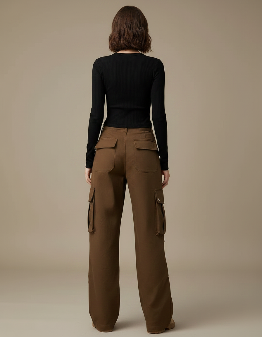 Pantalon Marron Cargo Ample Coton Multipoches Décontracté Femme - vue 2