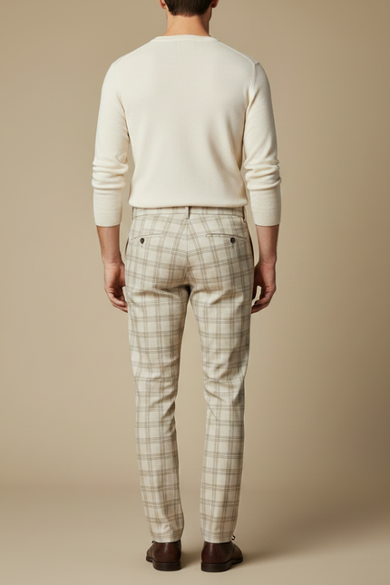 Pantalon Marron Carreaux Coton Slim Élégant Homme - vue 2