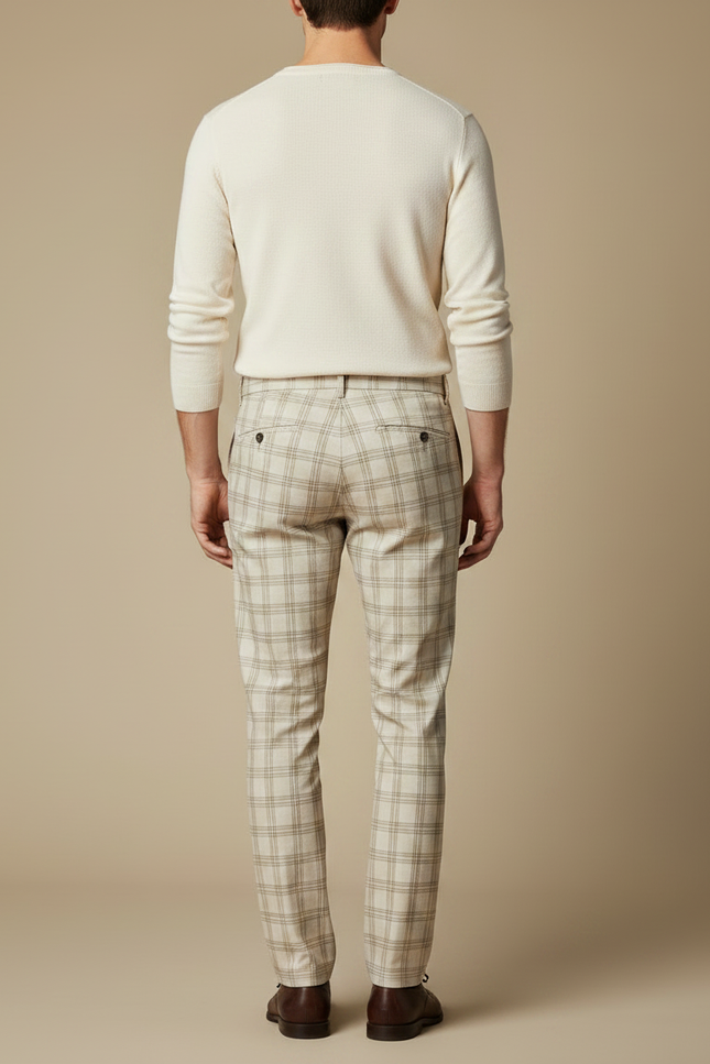 Pantalon Marron Carreaux Coton Slim Élégant Homme - vue 2