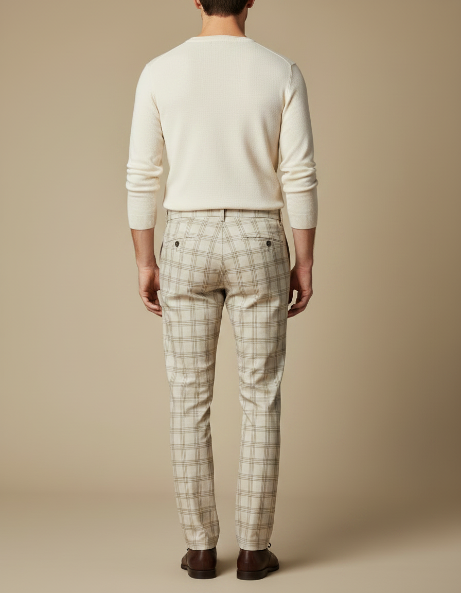 Pantalon Marron Carreaux Coton Slim Élégant Homme - vue 2