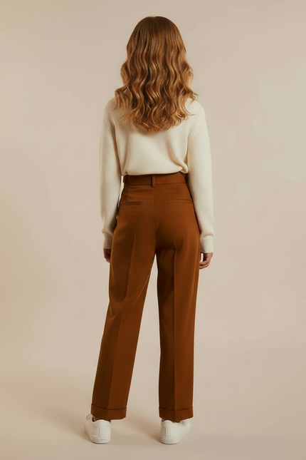 Pantalon Marron Plissé Ample Taille Haute Droit - Gabardine - vue 2