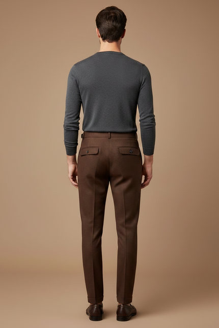 Pantalon Marron Carreaux Taille Haute Homme Élégant - Laine - vue 2