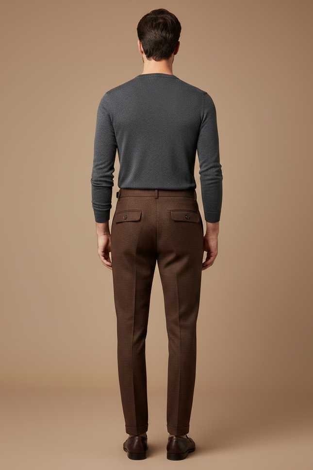 Pantalon Marron Carreaux Taille Haute Homme Élégant - Laine - vue 2