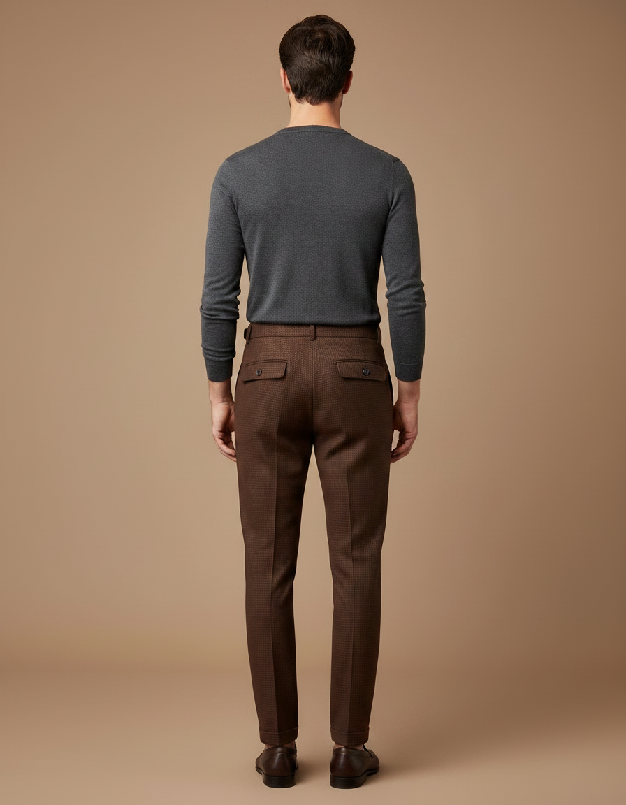 Pantalon Marron Carreaux Taille Haute Homme Élégant - Laine - vue 2