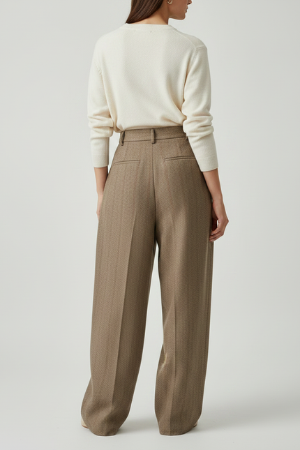 Pantalon Marron Plissé Ample Taille Haute Laine - vue 2
