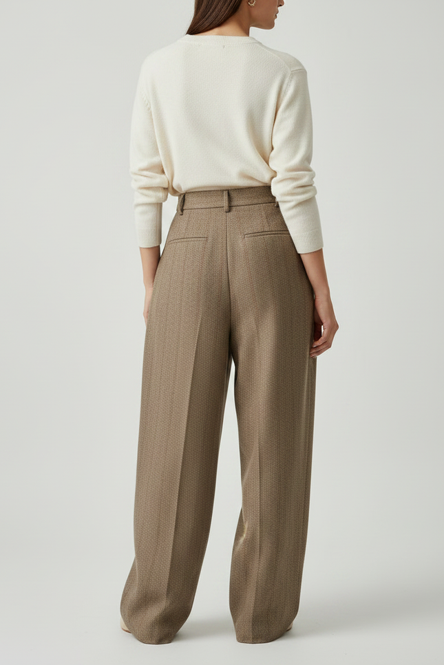 Pantalon Marron Plissé Ample Taille Haute Laine - vue 2