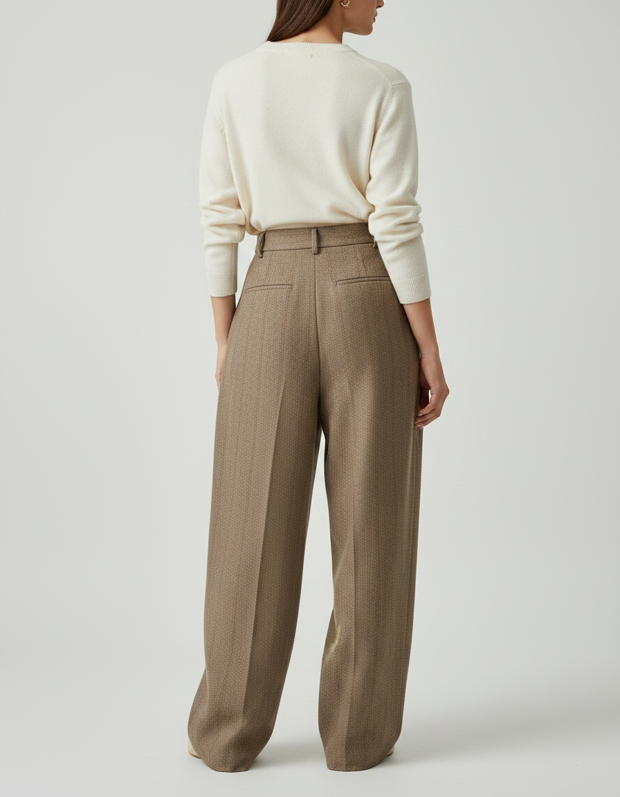 Pantalon Marron Plissé Ample Taille Haute Laine - vue 2