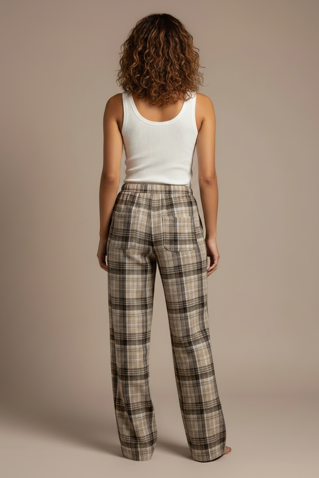 Pantalon Marron Carreaux Ample Fluide Décontracté Femme - Laine - vue 2