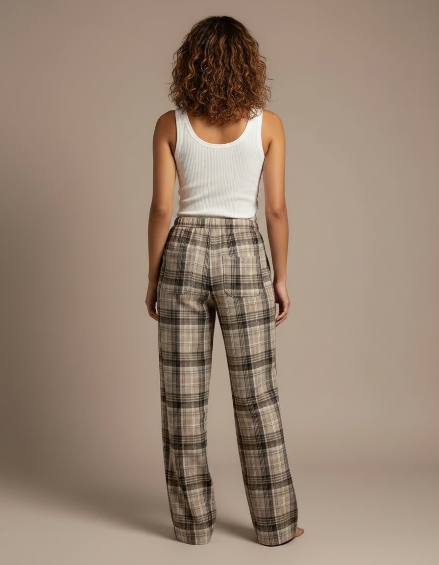 Pantalon Marron Carreaux Ample Fluide Décontracté Femme - Laine - vue 2