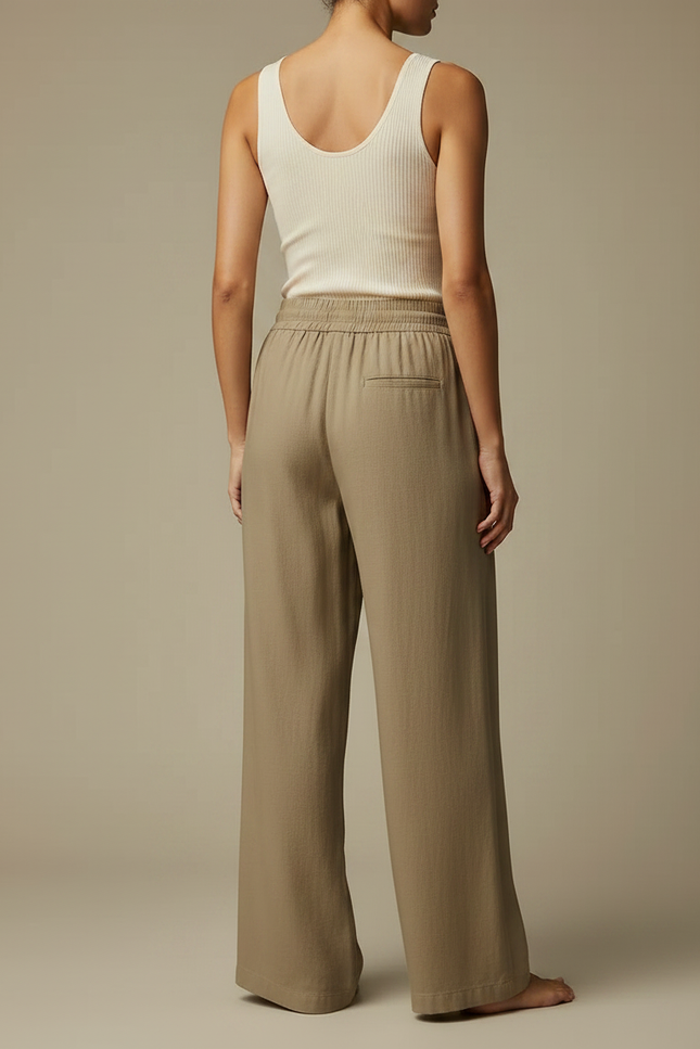 Pantalon Marron Lin Ample Taille Élastique Femme - Kaki - vue 2