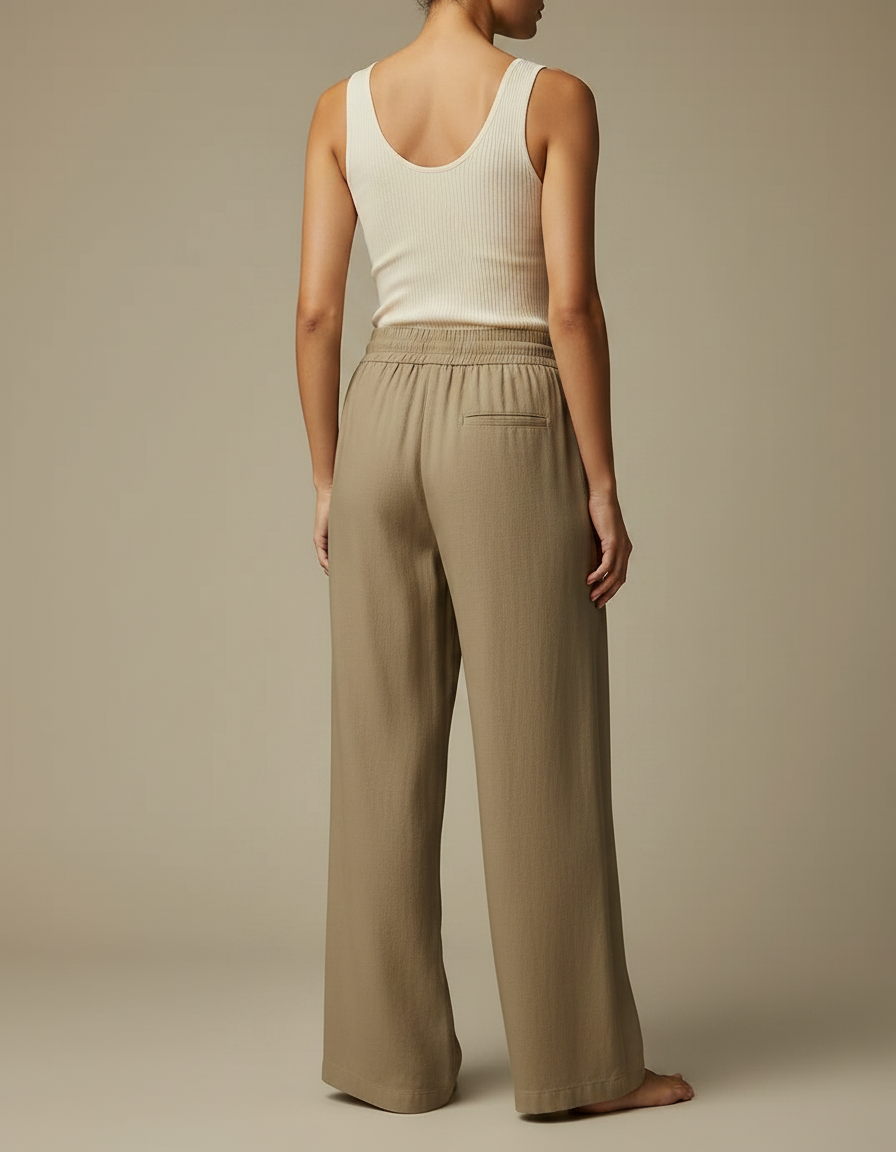 Pantalon Marron Lin Ample Taille Élastique Femme - Kaki - vue 2