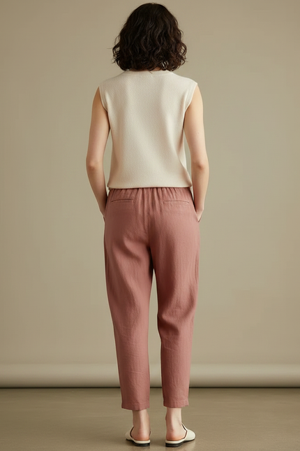 Pantalon Marron Lin Ample Décontracté Léger - vue 2