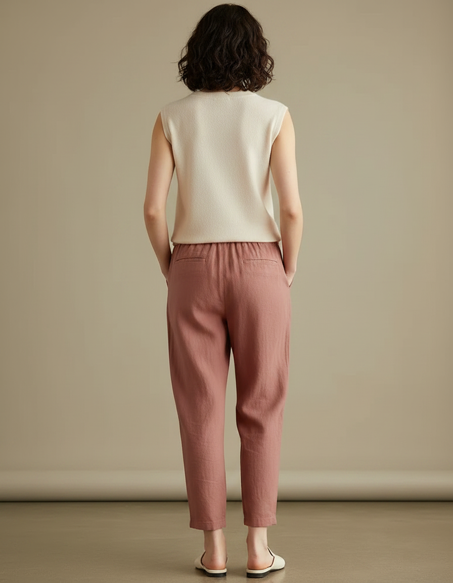 Pantalon Marron Lin Ample Décontracté Léger - vue 2
