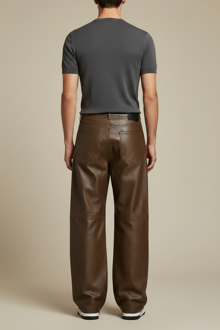 Pantalon Marron Cuir Ample Large Décontracté Homme - vue 2