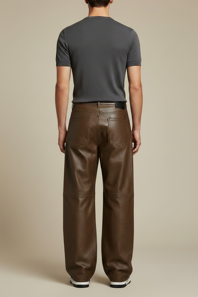 Pantalon Marron Cuir Ample Large Décontracté Homme - vue 2