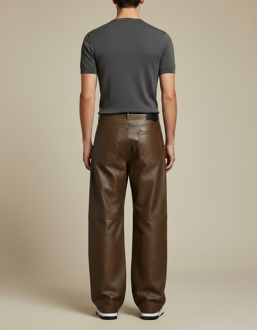 Pantalon Marron Cuir Ample Large Décontracté Homme - vue 2