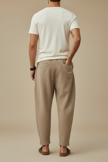 Pantalon Marron Lin Ample Homme Décontracté - Beige - vue 2