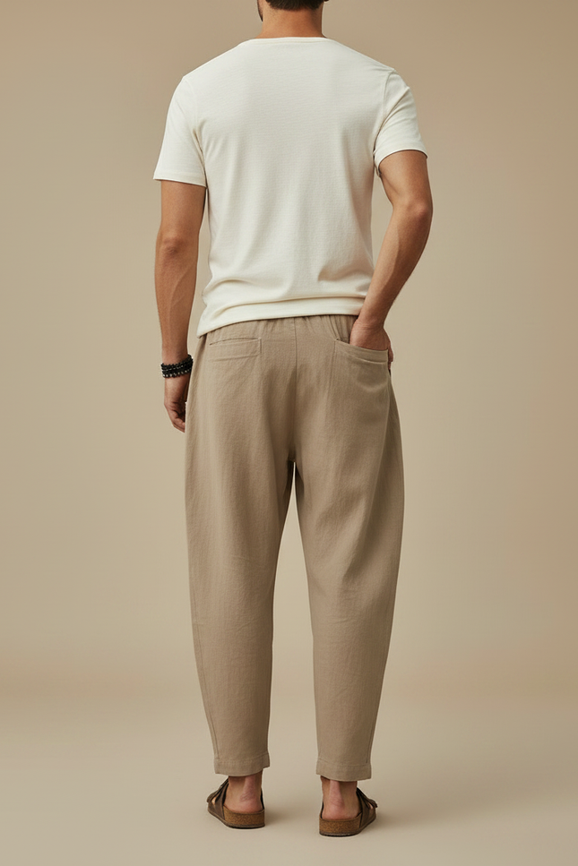 Pantalon Marron Lin Ample Homme Décontracté - Beige - vue 2
