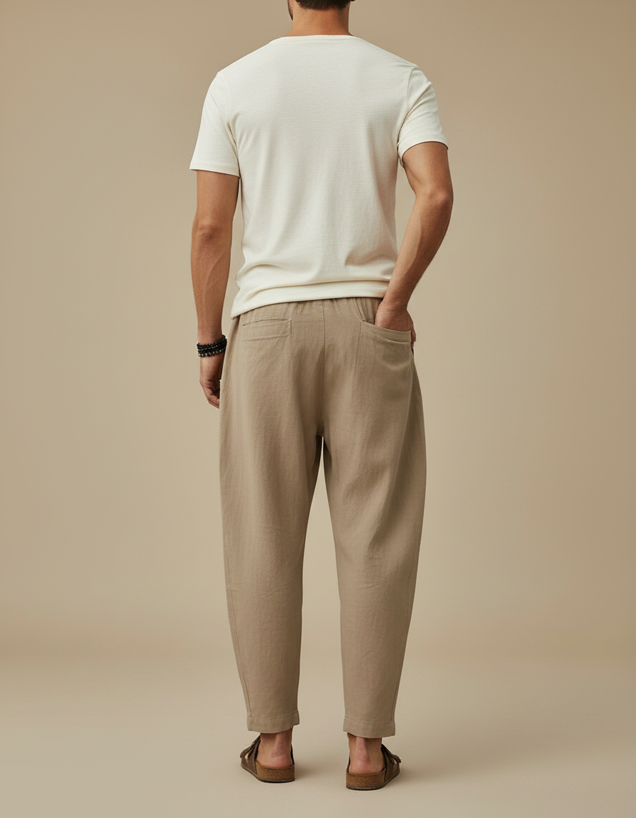 Pantalon Marron Lin Ample Homme Décontracté - Beige - vue 2