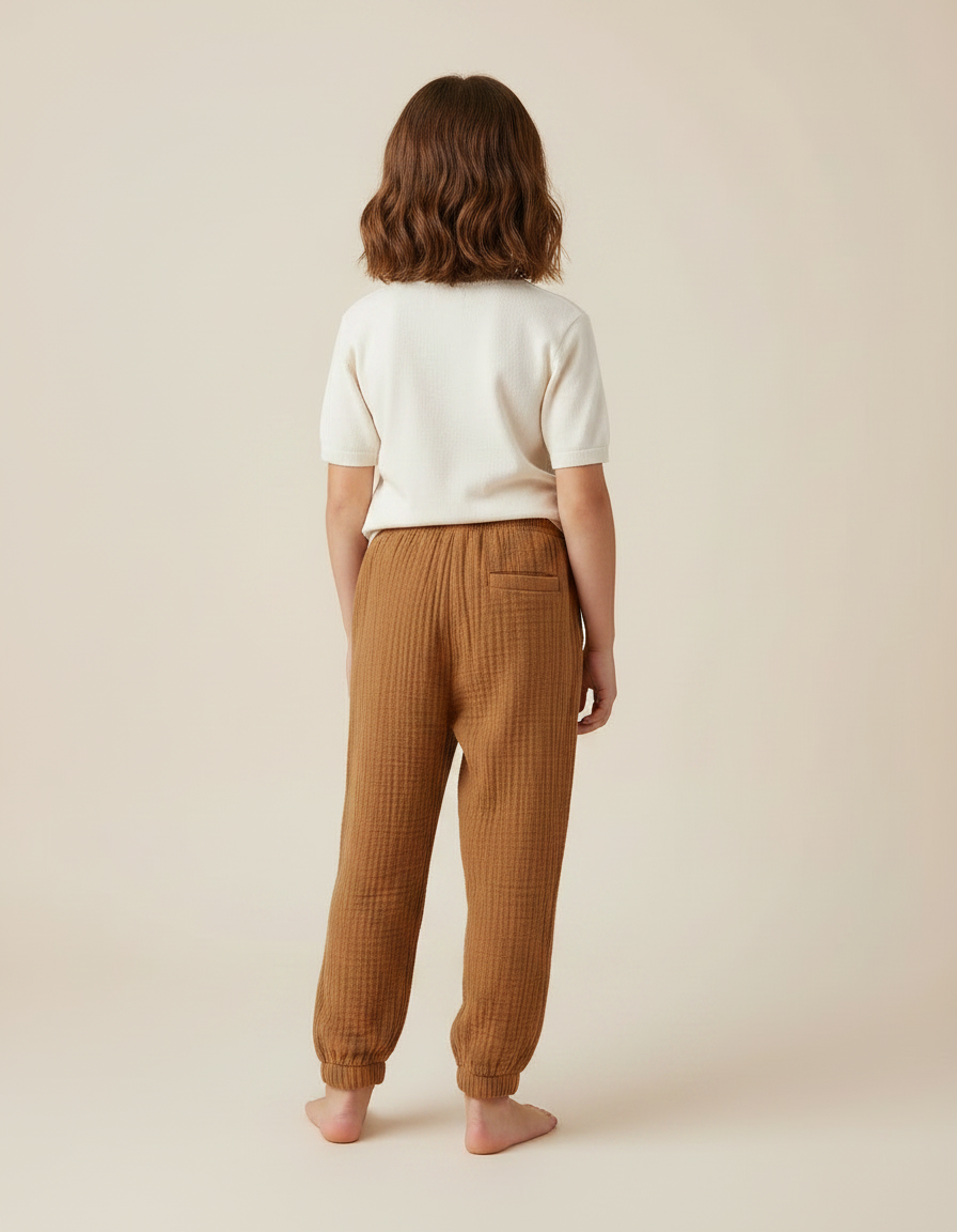 Pantalon Marron Coton Gaufré Ample Décontracté Enfant - vue 2