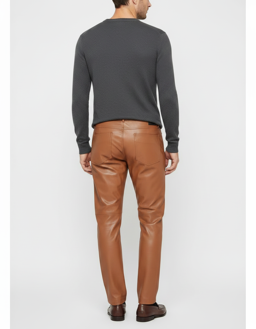 Pantalon Marron Cuir Simili Homme Coupe Droite - Simili cuir - vue 2
