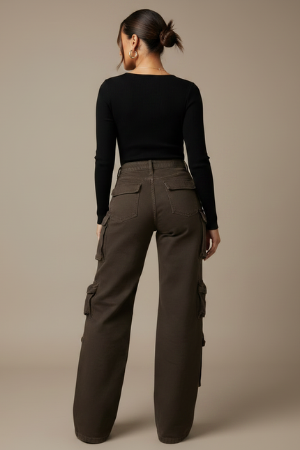 Pantalon Marron Cargo Ample Taille Haute Poches Femme - Toile - vue 2