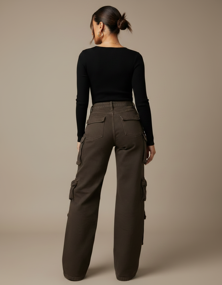 Pantalon Marron Cargo Ample Taille Haute Poches Femme - Toile - vue 2