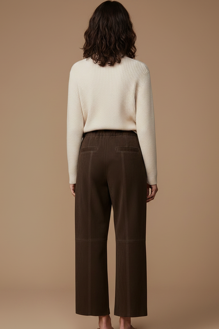 Pantalon Marron Suédé Taille Élastique Large Droit - Cuir - vue 2