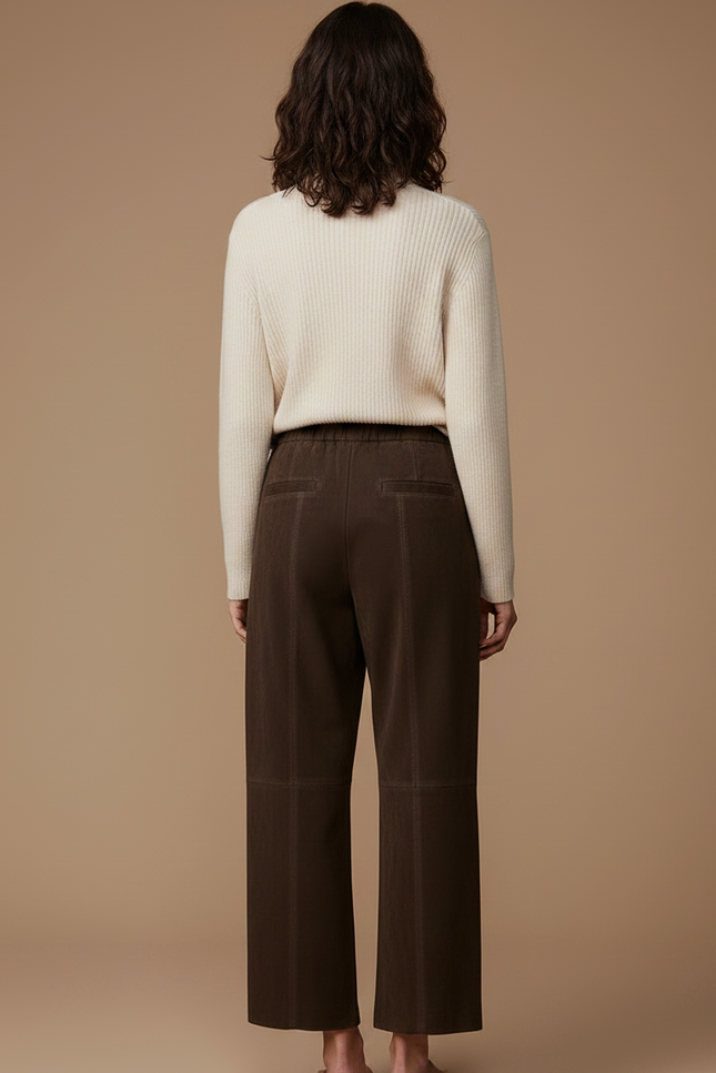 Pantalon Marron Suédé Taille Élastique Large Droit - Cuir - vue 2