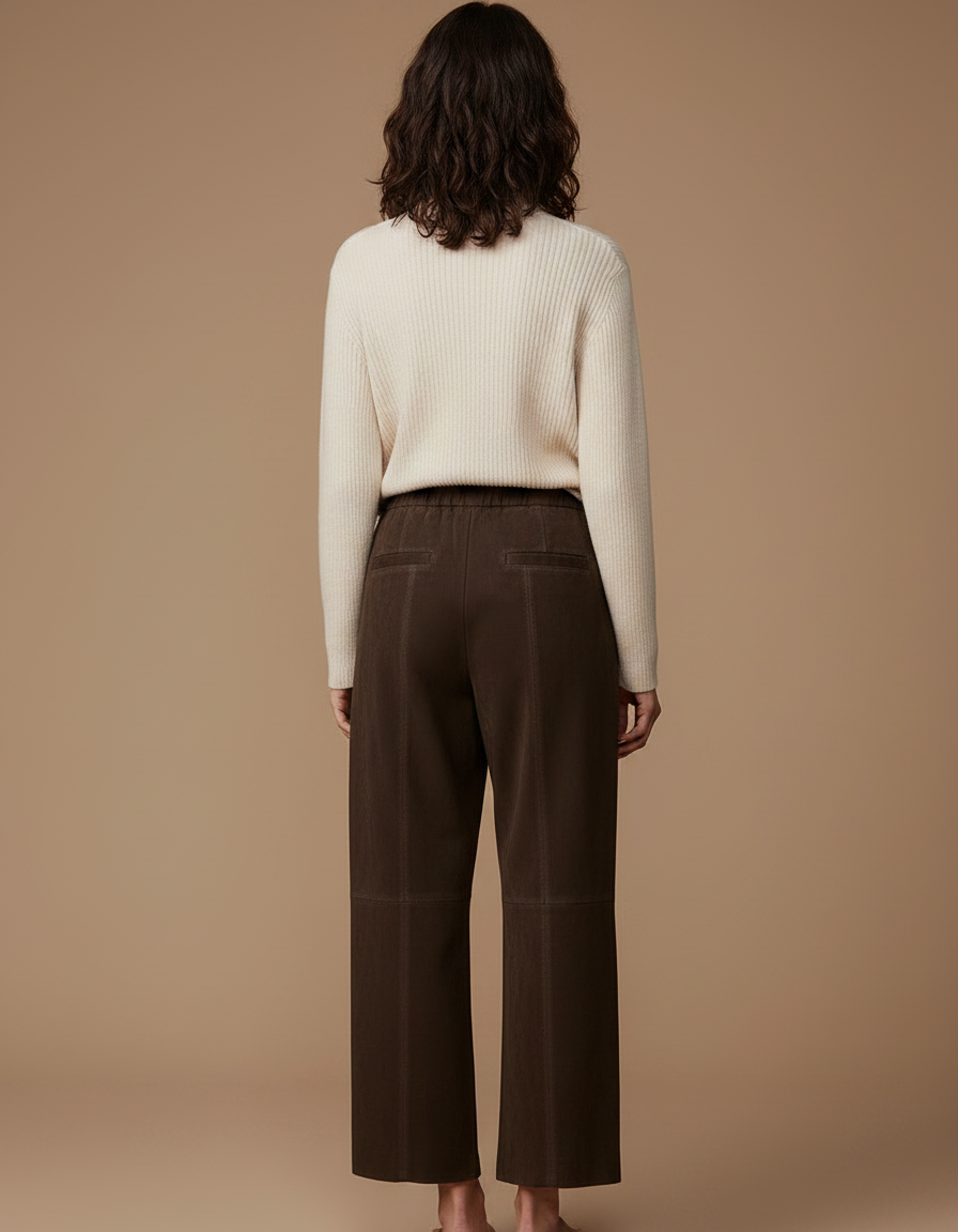 Pantalon Marron Suédé Taille Élastique Large Droit - Cuir - vue 2