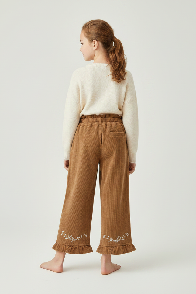 Pantalon Marron Côtelé Brodé Ample Fille - Cordé - vue 2