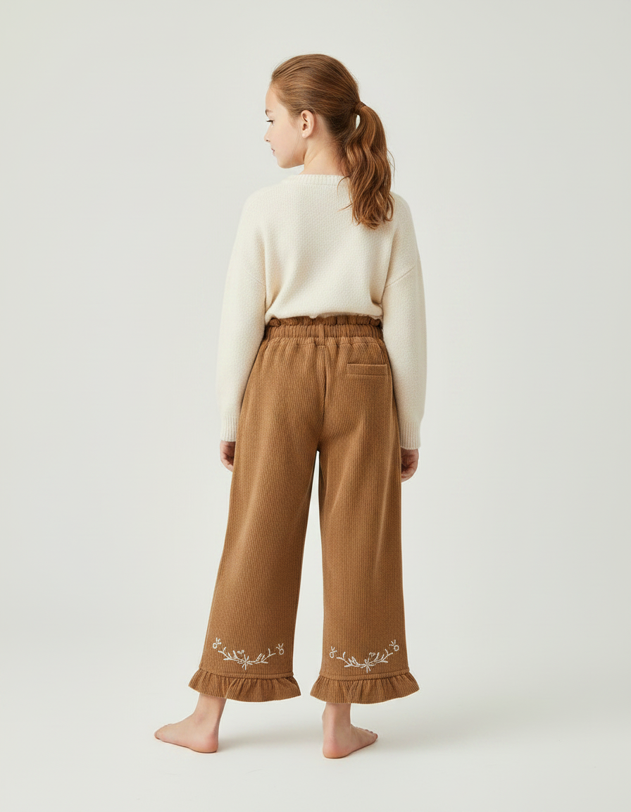 Pantalon Marron Côtelé Brodé Ample Fille - Cordé - vue 2