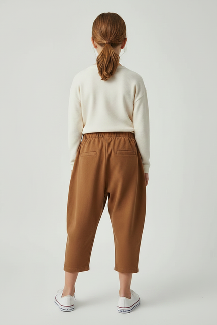 Pantalon Marron Ample Coton Élastique Enfant Plissé - Molleton - vue 2