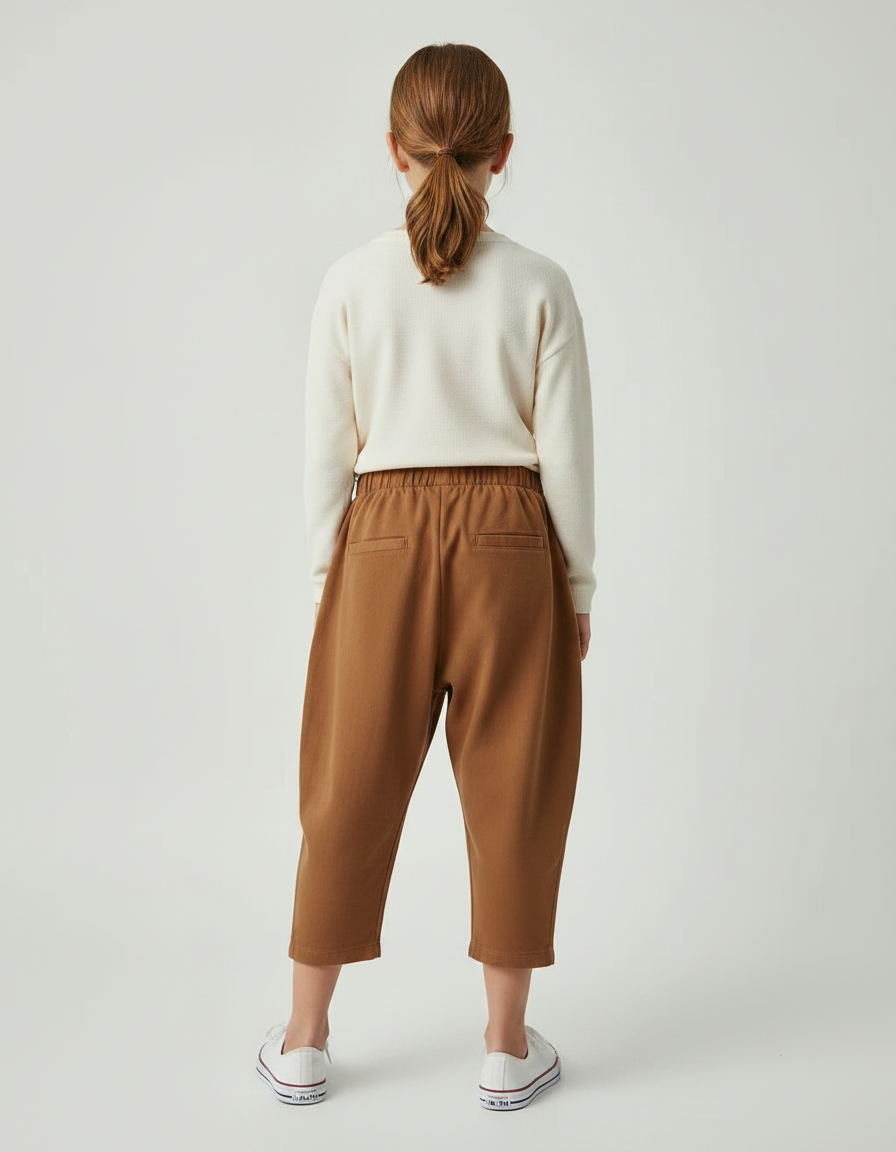 Pantalon Marron Ample Coton Élastique Enfant Plissé - Molleton - vue 2