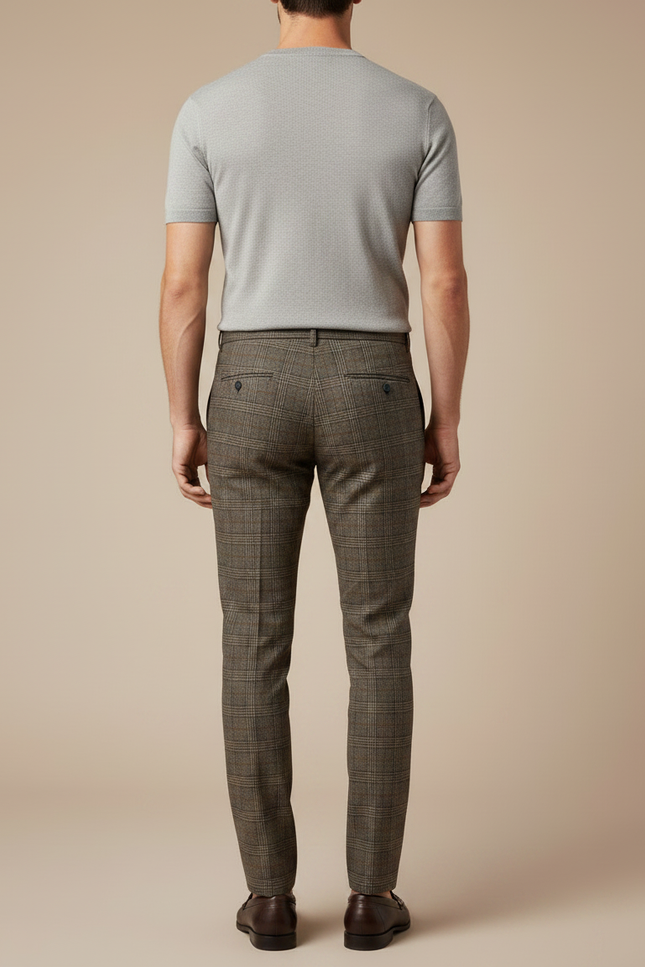 Pantalon Marron Carreaux Slim Fit Élégant Homme - Tweed - vue 2