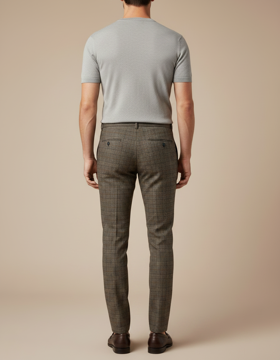 Pantalon Marron Carreaux Slim Fit Élégant Homme - Tweed - vue 2