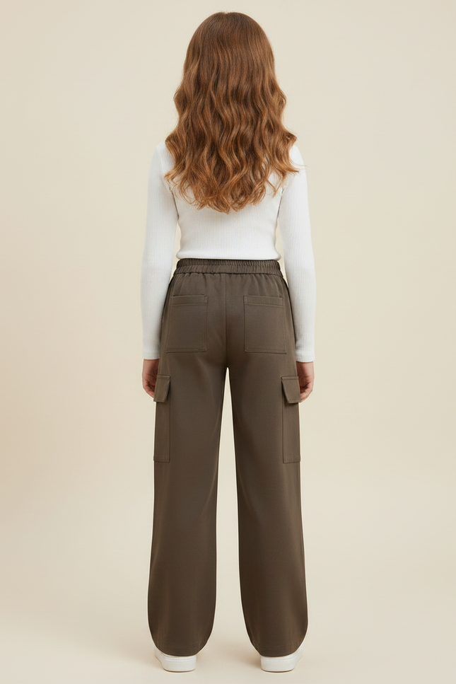 Pantalon Marron Cargo Ample Fille Décontracté - Kaki Polyester - vue 2
