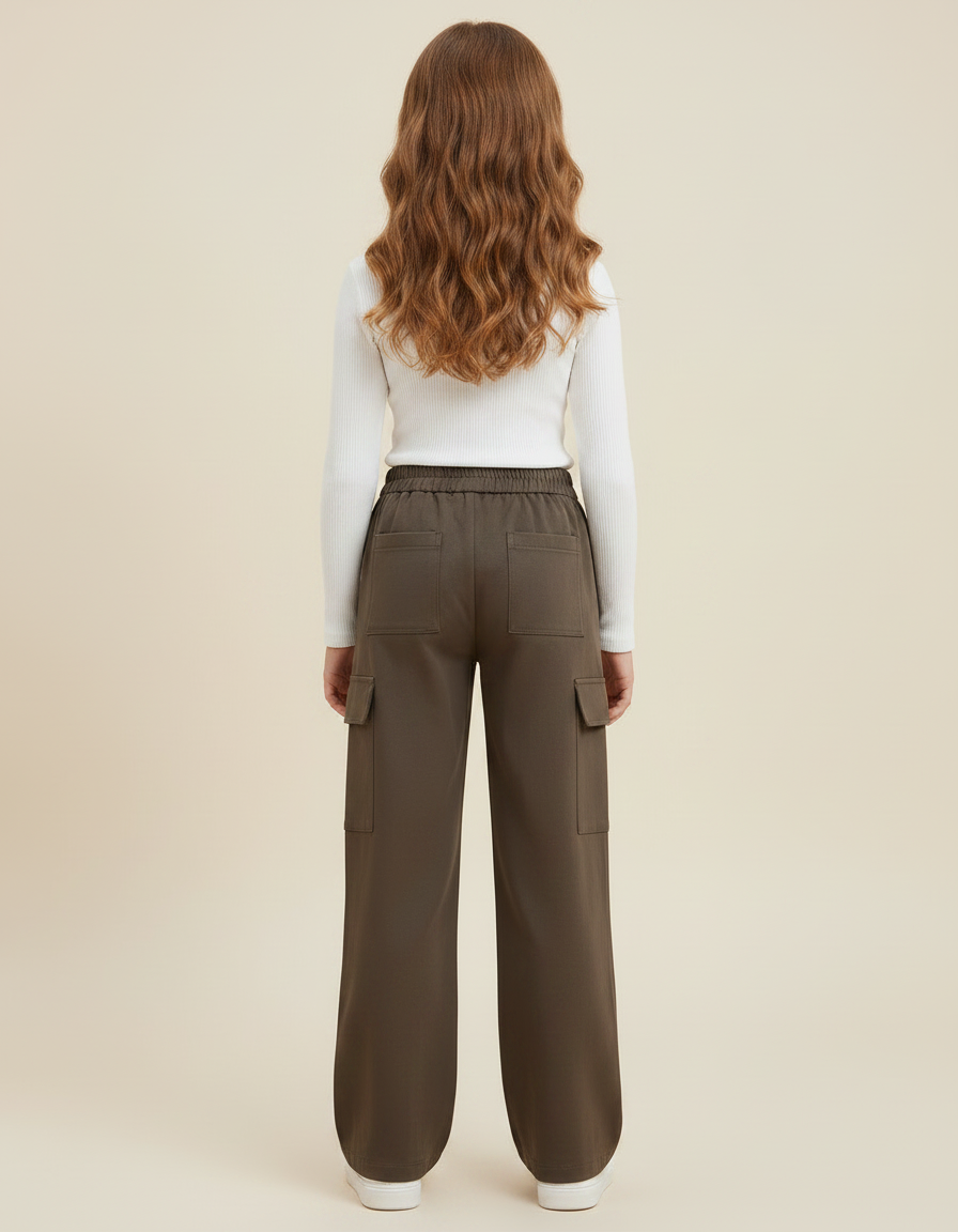 Pantalon Marron Cargo Ample Fille Décontracté - Kaki Polyester - vue 2