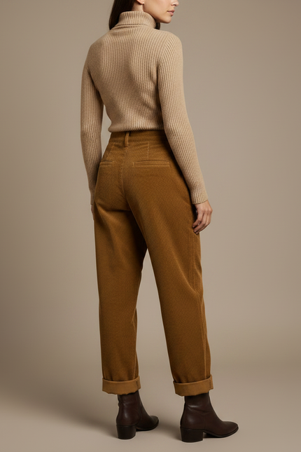 Pantalon Marron Côtelé Taille Haute Ample Droit - Cordé - vue 2
