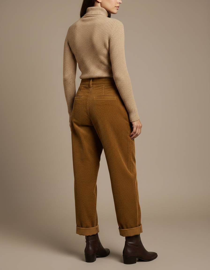 Pantalon Marron Côtelé Taille Haute Ample Droit - Cordé - vue 2