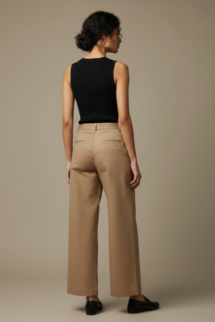 Pantalon Marron Large Taille Haute Coton Décontracté - Beige Gabardine - vue 2