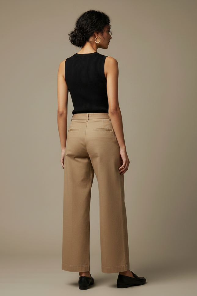 Pantalon Marron Large Taille Haute Coton Décontracté - Beige Gabardine - vue 2