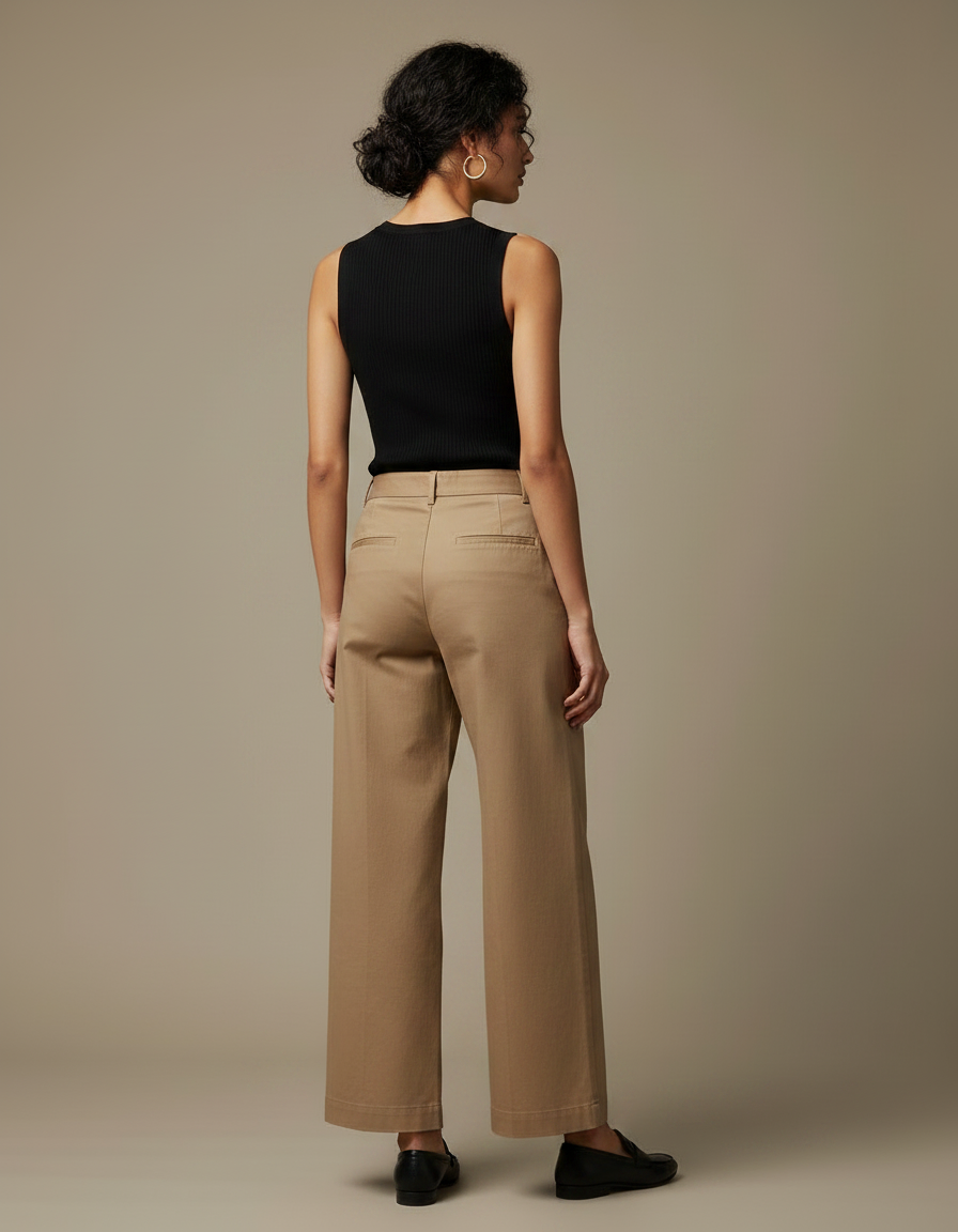 Pantalon Marron Large Taille Haute Coton Décontracté - Beige Gabardine - vue 2
