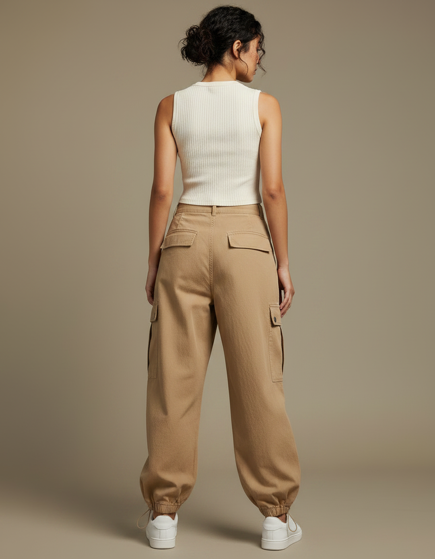 Pantalon Marron Cargo Ample Coton Femme Décontracté - Camel - vue 2