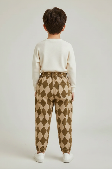 Pantalon Marron À Carreaux Losanges Ample Enfant Décontracté - Molleton - vue 2