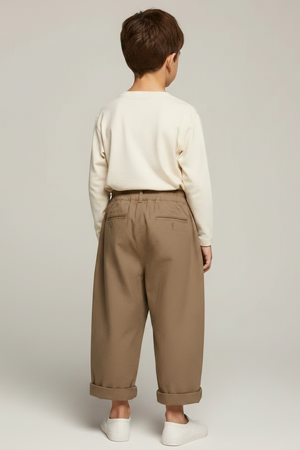 Pantalon Marron Ample Coton Élastique Décontracté Garçon - Kaki - vue 2