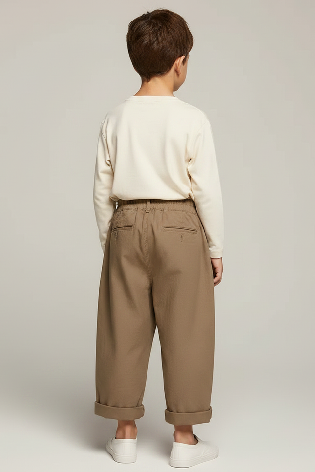 Pantalon Marron Ample Coton Élastique Décontracté Garçon - Kaki - vue 2