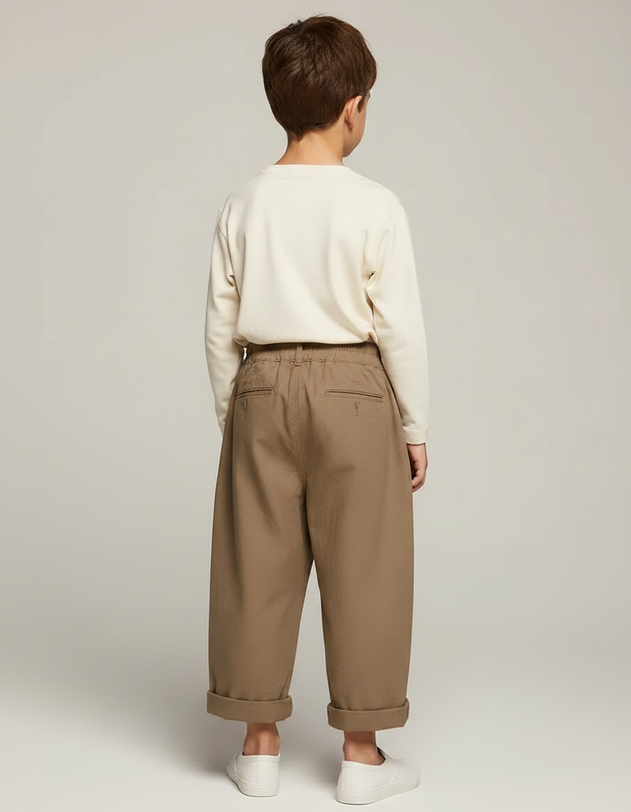 Pantalon Marron Ample Coton Élastique Décontracté Garçon - Kaki - vue 2