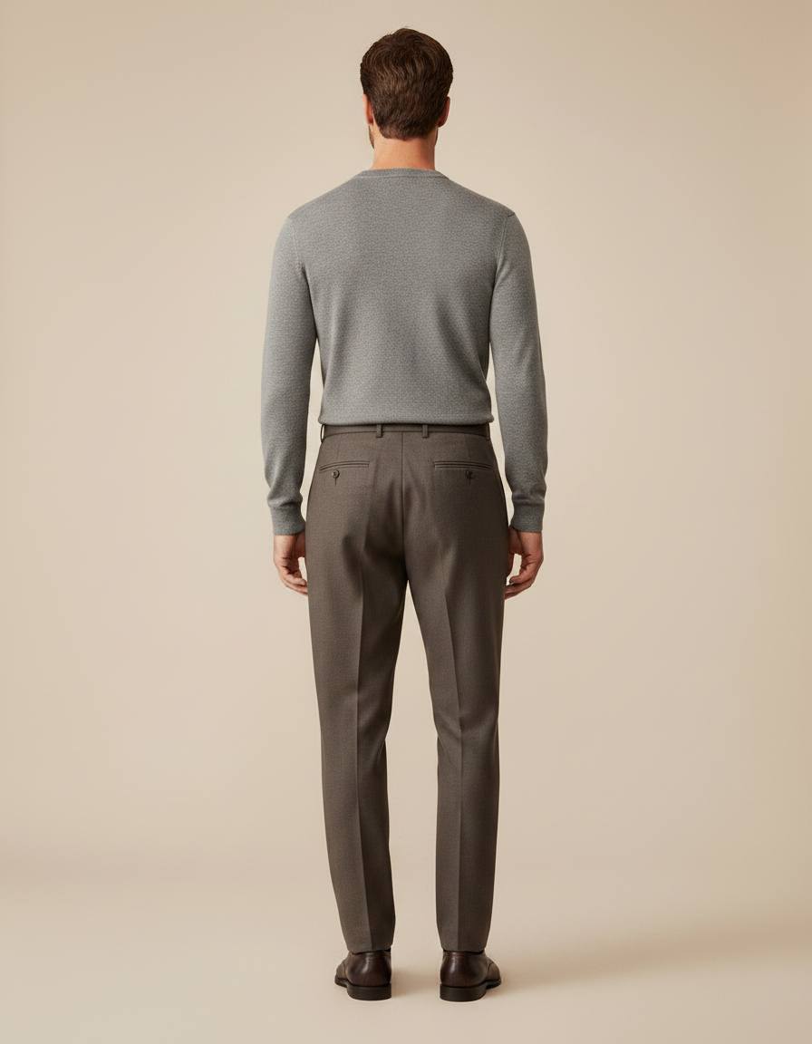 Pantalon Marron Laine Droit Plissé Homme Élégant Formel - vue 2