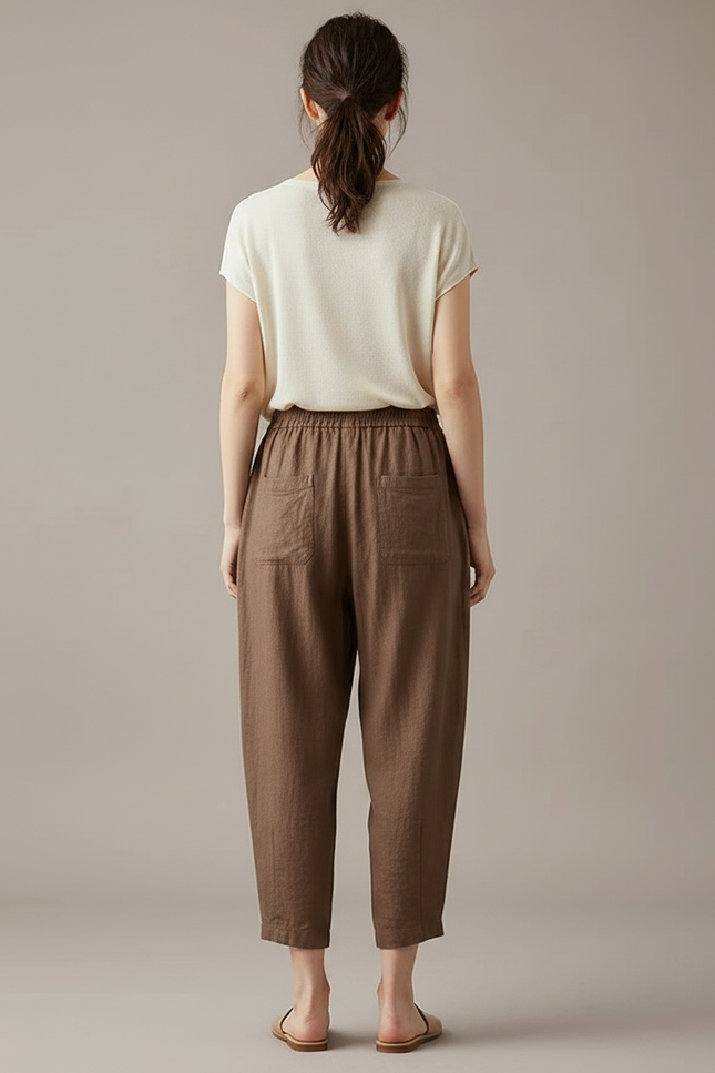 Pantalon Marron Lin Ample Élastique Femme Décontracté - vue 2